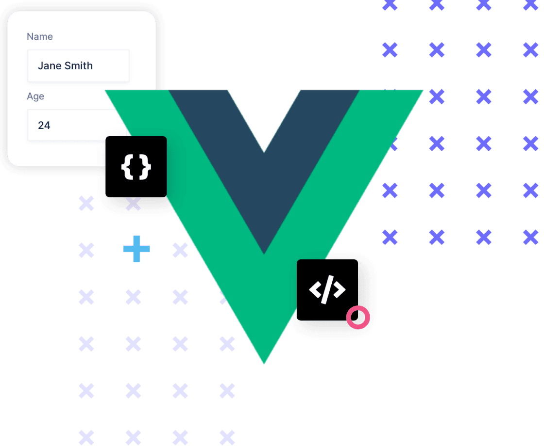 A big Vue.js logo with graphical patterns underneath