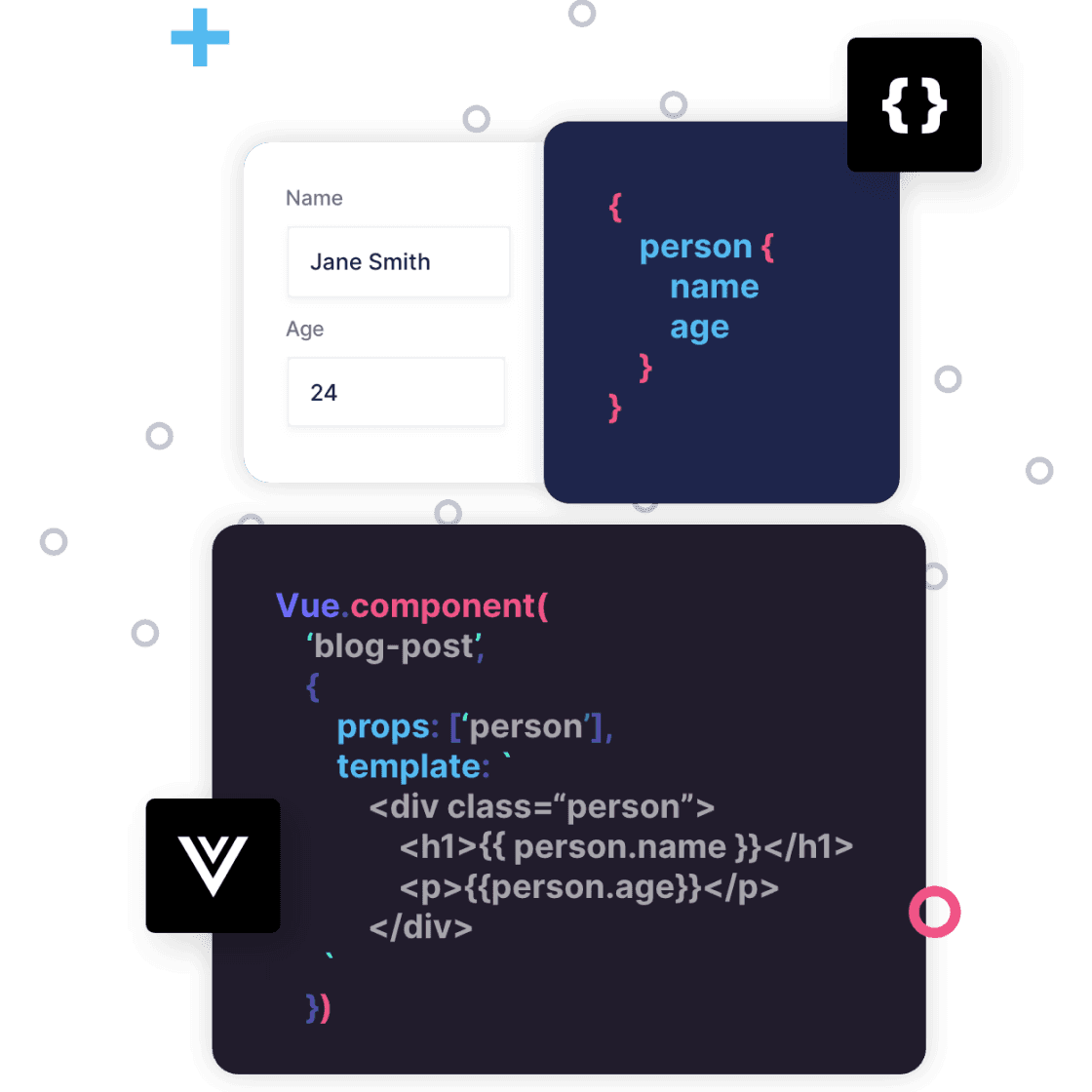 Vue and GraphQL code samples with colored icons