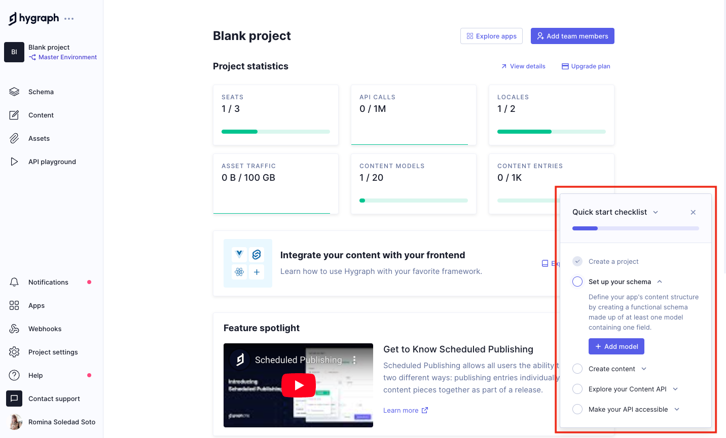 Quick start checklist in project dashboard